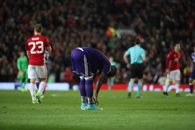 Anderlecht s players pictured after the return leg game of the quarterfinals of the Europa League competition between UK team Manchester United ManU and Belgian soccer team RSC Anderlecht in Manchester, UK, Thursday 20 April 2017. First leg ended on a draw result 1-1 in Belgium. VIRGINIExLEFOUR  x05084288x