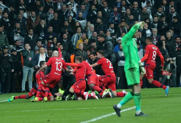 Lyon Players celebrates after the won the Europa league Quarter final second match between Besiktas and Lyon at the Vodafone Arena in Istanbul , Turkey April 20, 2017. 