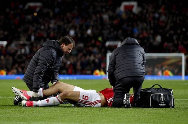 Zlatan Ibrahimovic of Manchester United ManU receives treatment for an injury during the UEFA Europa League Quarter Final 2nd Leg match at Old Trafford, Manchester. Picture date: April 20th, 2017. Pic credit should read: Matt McNulty Sportimage EDITORIAL USE ONLY. No use with unauthorised audio, video, data, fixture lists, club league logos or live services. Online in-match use limited to 120 images, no video emulation. No use in betting, games or single club league player publications.