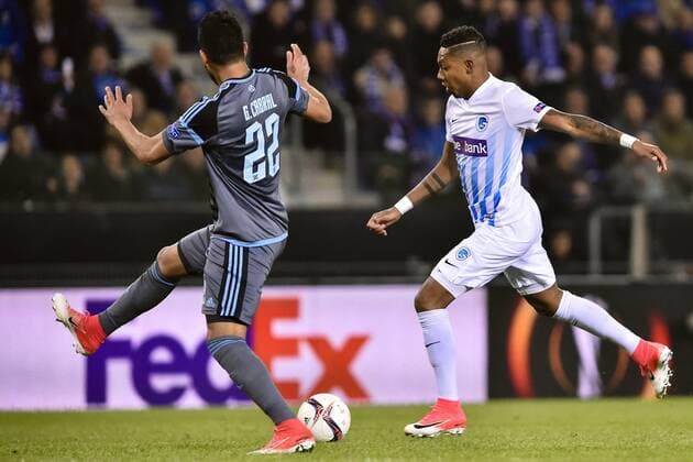 GENK, BELGIUM - APRIL 20 : Jean-Paul Boetius forward of KRC Genk and Gustavo Cabral defender of Celta de Vigo RC during the Europa League Quarter Finals 2nd leg game between KRC Genk and Celta De Vigo on April 20, 2017 in Genk, Belgium, 20 04 2017 FOOTBALL : KRC Genk vs Celta De Vigo - Europa League - 20 04 2017 PHOTONEWS PANORAMIC 