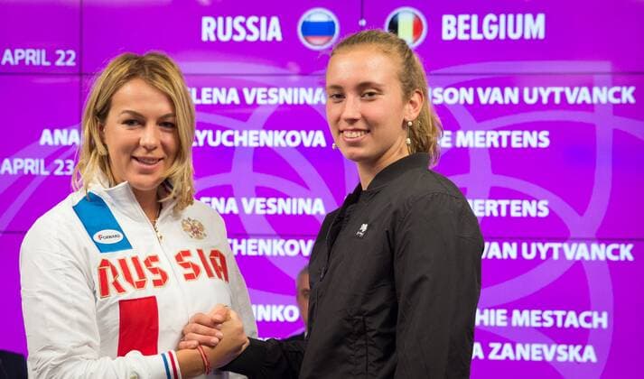 Russian Anastasia Pavlyuchenkova and Belgian Elise Mertens pictured during the drawing of this weekend s Fed Cup World Group Play Off between Russia and Belgium at the Small Sports Arena Luzhniki in Moscow, Russia, Friday 21 April 2017. BENOITxDOPPAGNE  x05084478x