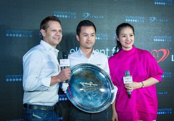 Retired Chinese tennis star Li Na, right, attends the opening ceremony of the restaurant co-opened by her and restaurant brand Element Fresh in Wuhan city, central China s Hubei province, 20 April 2017. Retired tennis star Li Na highlights opening ceremony of restaurant Element Fresh in central China city  pbu610657_15