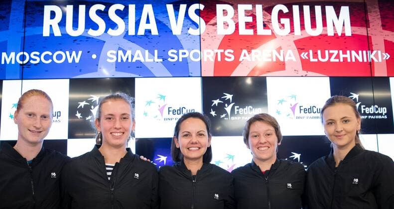 Belgian Alison Van Uytvanck, Belgian Elise Mertens, Belgian coach Dominique Monami, Belgian An-Sophie Mestach and Belgian Maryna Zanevska pictured during the drawing of this weekend s Fed Cup World Group Play Off between Russia and Belgium at the Small Sports Arena Luzhniki in Moscow, Russia, Friday 21 April 2017. BENOITxDOPPAGNE  x05084542x