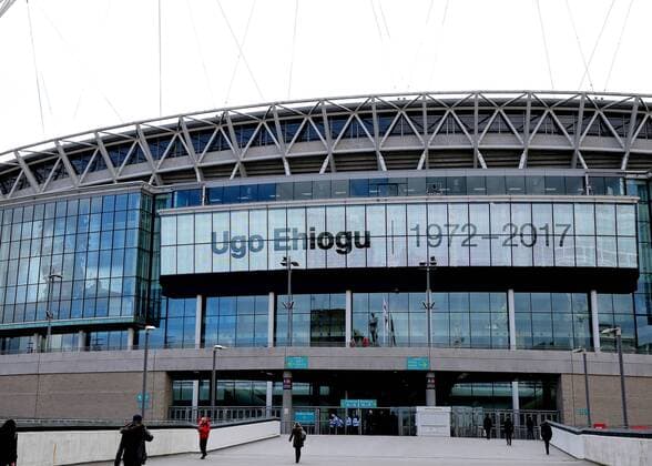 April 22nd 2017, Wembley Stadium, London England; Emirates FA Cup semi-final Chelsea versus Tottenham Hotspur; Tribute on the big screen outside Wembley Stadium to former Aston Villa and England International Ugo Ehiogu who passed away yesterday xJohnxPatrickxFletcherx  ActionPlus11870465
