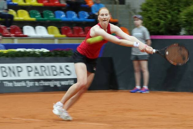 Belgian Alison Van Uytvanck pictured during the first game between Russian Elena Vesnina and Belgian Alison Van Uytvanck, in the Fed Cup World Group Play Off between Russia and Belgium, Saturday 22 April 2017, at the Small Sports Arena Luzhniki in Moscow, Russia. BENOITxDOPPAGNE  x05084995x
