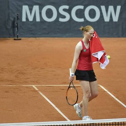 Belgian Alison Van Uytvanck pictured during the first game between Russian Elena Vesnina and Belgian Alison Van Uytvanck, in the Fed Cup World Group Play Off between Russia and Belgium, Saturday 22 April 2017, at the Small Sports Arena Luzhniki in Moscow, Russia. BENOITxDOPPAGNE  x05084992x