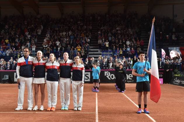 Yannick Noah - Kristina Mladenovic - Alize Cornet - Pauline Parmentier - Amandine Hesse TENNIS : Kristina Mladenovic vs Silva Soler Espinosa - 22 04 2017 FredericChambert Panoramic 