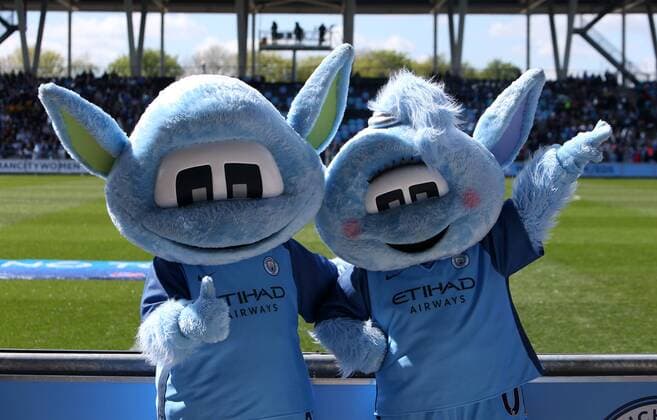 April 22nd 2017, Academy Stadium, Manchester, Lancashire England; Womens UEFA Champions League football semi-final, Manchester City Ladies versus Lyon Ladies; The Manchester City "Moonbeam" mascots pose for a photo before the kick off xDavidxBlunsdenx  ActionPlus11870928