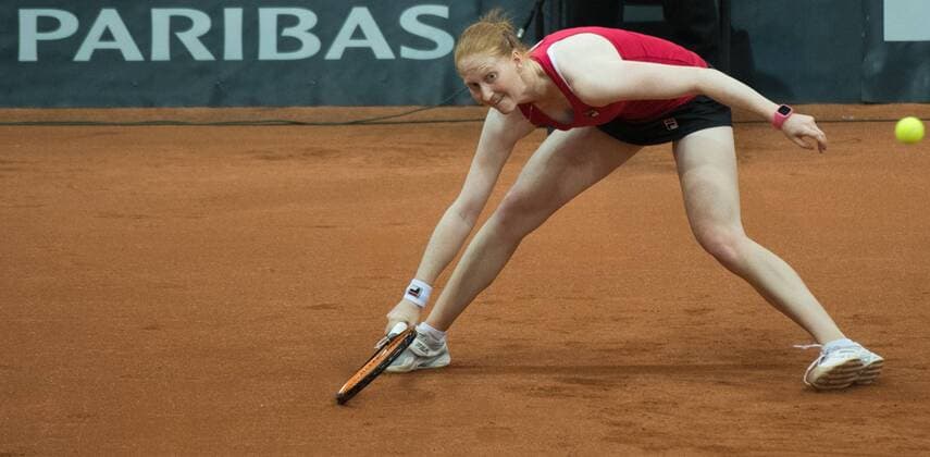 Belgian Alison Van Uytvanck pictured during the first game between Russian Elena Vesnina and Belgian Alison Van Uytvanck, in the Fed Cup World Group Play Off between Russia and Belgium, Saturday 22 April 2017, at the Small Sports Arena Luzhniki in Moscow, Russia. BENOITxDOPPAGNE  x05085153x