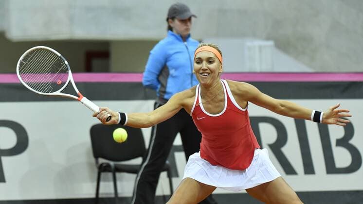 Russian Elena Vesnina plays the third game between Russian Elena Vesnina and Belgian Elise Mertens, in the Fed Cup World Group Play Off between Russia and Belgium, Sunday 23 April 2017, at the Small Sports Arena Luzhniki in Moscow, Russia. BENOITxDOPPAGNE  x05085795x