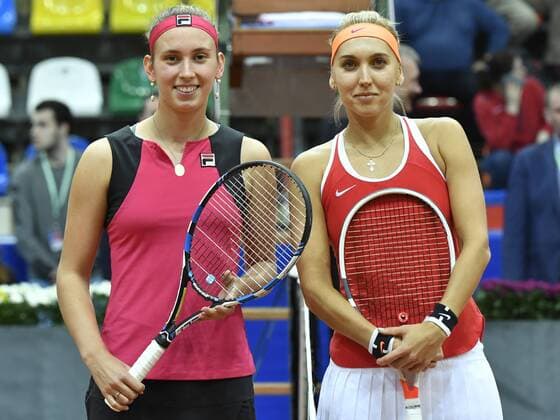 Belgian Elise Mertens and Russian Elena Vesnina pose at the start of the third game between Russian Elena Vesnina and Belgian Elise Mertens, in the Fed Cup World Group Play Off between Russia and Belgium, Sunday 23 April 2017, at the Small Sports Arena Luzhniki in Moscow, Russia. BENOITxDOPPAGNE  x05085791x