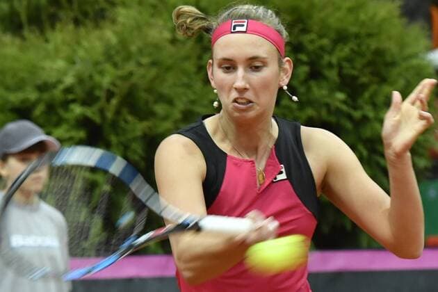 Belgian Elise Mertens plays the third game between Russian Elena Vesnina and Belgian Elise Mertens, in the Fed Cup World Group Play Off between Russia and Belgium, Sunday 23 April 2017, at the Small Sports Arena Luzhniki in Moscow, Russia. BENOITxDOPPAGNE  x05085792x