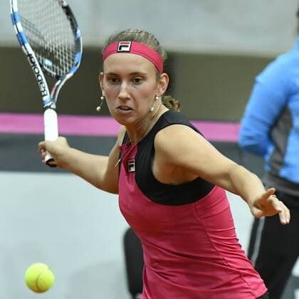 Belgian Elise Mertens plays the third game between Russian Elena Vesnina and Belgian Elise Mertens, in the Fed Cup World Group Play Off between Russia and Belgium, Sunday 23 April 2017, at the Small Sports Arena Luzhniki in Moscow, Russia. BENOITxDOPPAGNE  x05085794x