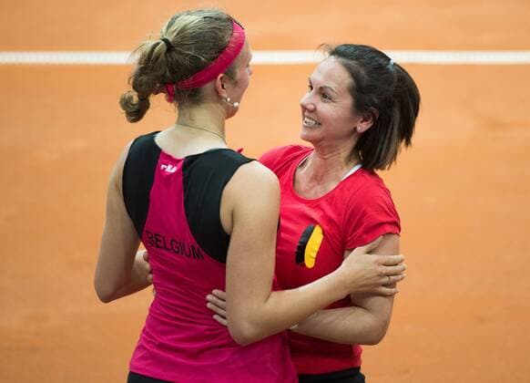 Belgian Elise Mertens celebrates with Belgium s coach Dominique Monami after winning the third game between Russian Elena Vesnina and Belgian Elise Mertens, in the Fed Cup World Group Play Off between Russia and Belgium, Sunday 23 April 2017, at the Small Sports Arena Luzhniki in Moscow, Russia. BENOITxDOPPAGNE  x05085941x