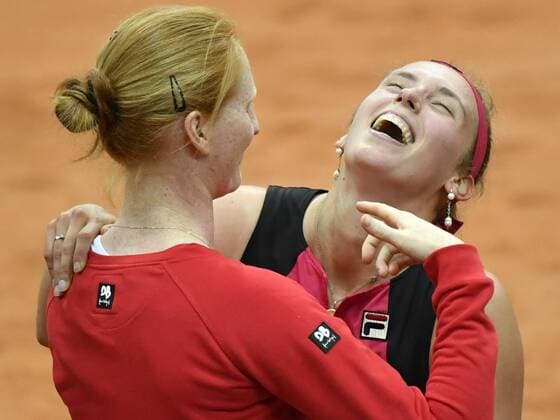 Belgian Alison Van Uytvanck and Belgian Elise Mertens pictured after the fifth and last game, the double, between Russian pair Anna Blinkova and Daria Kasatkina and Belgian pair An-Sophie Mestach and Elise Mertens, in the Fed Cup World Group Play Off between Russia and Belgium, Sunday 23 April 2017, at the Small Sports Arena Luzhniki in Moscow, Russia. BENOITxDOPPAGNE  x05086403x