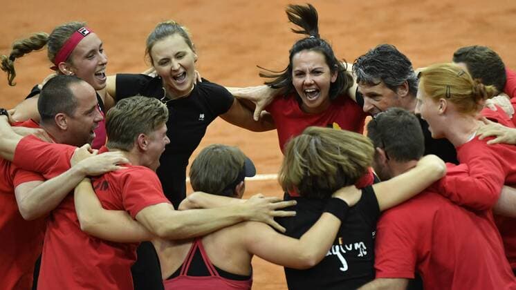 Belgium s coach Dominique Monami and the Belgian team celebrate after the fifth and last game, the double, between Russian pair Anna Blinkova and Daria Kasatkina and Belgian pair An-Sophie Mestach and Elise Mertens, in the Fed Cup World Group Play Off between Russia and Belgium, Sunday 23 April 2017, at the Small Sports Arena Luzhniki in Moscow, Russia. BENOITxDOPPAGNE  x05086407x
