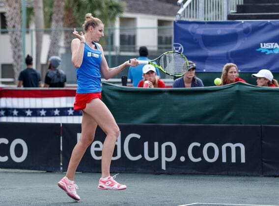 April 23, 2017 - Wesley Chapel, Florida, USA- Kristyna Pliskova in action during the first match with CoCo Vandeweghe and Bethanie Mattek-Sands in the Fed Cup World Group Semifinal between the Czech Republic and the United States at the Saddlebrook Resort. CSM TENNIS 2017: Fed Cup World Group Semifinal Czech Republic vs USA APR 23 - ZUMAc04_ 20170423_zaf_c04_117 Copyright: xDelxMecumx