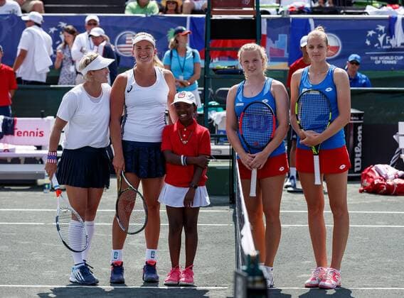 April 23, 2017 - Wesley Chapel, Florida, USA-Bethanie Mattek-Sands with her partner CoCo Vandeweghe and Kristyna Pliskova with her partner Katerina Siniakova before the start of their first match in the Fed Cup World Group Semifinal between the Czech Republic and the United States at the Saddlebrook Resort. CSM TENNIS 2017: Fed Cup World Group Semifinal Czech Republic vs USA APR 23 - ZUMAc04_ 20170423_zaf_c04_121 Copyright: xDelxMecumx