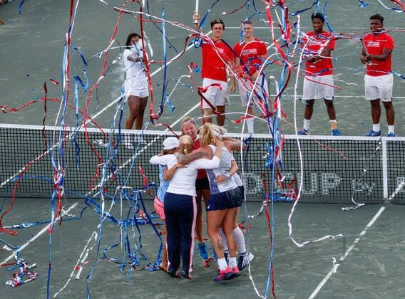 April 23, 2017 - Wesley Chapel, Florida, USA-Team USA celebrates after winning the Fed Cup World Group Semifinal matches between the Czech Republic and the United States at the Saddlebrook Resort. CSM TENNIS 2017: Fed Cup World Group Semifinal Czech Republic vs USA APR 23 - ZUMAc04_ 20170423_zaf_c04_125 Copyright: xDelxMecumx