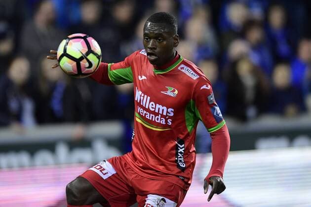 BRUGGE, BELGIUM - APRIL 26 : Landry Nany Dimata forward of KV Oostende controls the ball during the Jupiler Pro League play - off 1 match between Club Brugge and KV Oostende at the Jan Breyden stadium on April 26, 2017 in Brugge, Belgium , 26 04 2017 FOOTBALL : Bruges vs Ostende - Jupiler League - 26 04 2017 PhotoNews Panoramic  700039527