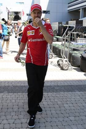 SOCHI, RUSSIA - APRIL 27, 2017: German racing driver Sebastian Vettel of the Scuderia Ferrari F1 team seen ahead of a free practice session of the 2017 Formula One Russian Grand Prix at the Sochi Autodrom racing circuit. Vyacheslav Prokofyev TASS  TS049CD8