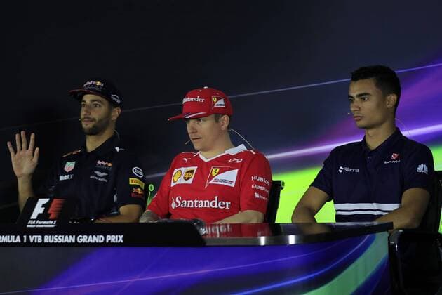 Russian Grand Prix, Sochi 27 - 30 April 2017 27.04.2017 - press conference PK Pressekonferenz Daniel Ricciardo (AUS) Red Bull Racing RB13, Kimi Raikkonen (FIN) Scuderia Ferrari SF70H and Pascal Wehrlein (GER) Sauber C36 