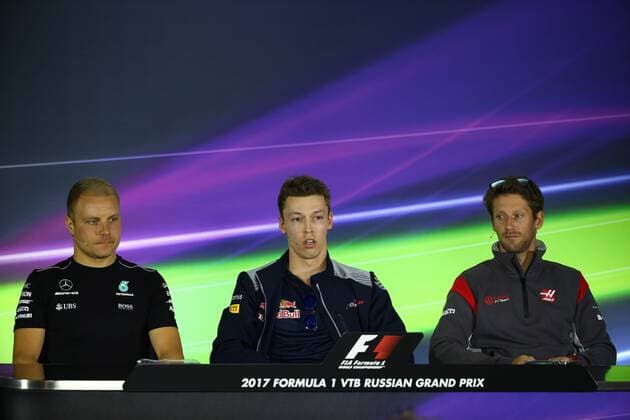 Russian Grand Prix, Sochi 27 - 30 April 2017 27.04.2017 - press conference PK Pressekonferenz Valtteri Bottas (FIN) Mercedes AMG F1 W08, Daniil Kvyat (RUS) Scuderia Toro Rosso STR12 and Romain Grosjean (FRA) Haas F1 Team VF-17 