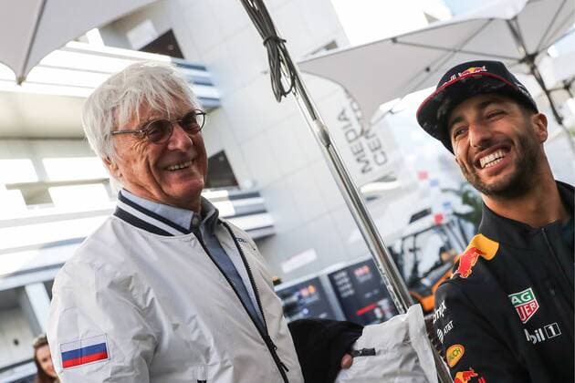 SOCHI, RUSSIA - APRIL 27, 2017: Bernard Charles Bernie Ecclestone (L), president of the Formula One Management and Formula 1 Administration (FOA), and Australian driver Daniel Ricciardo of the Red Bull Racing F1 Team talking in a paddock at the Sochi Autodrom racing circuit ahead of the 2017 Formula One Russian Grand Prix. Vyacheslav Prokofyev TASS  TS049E72