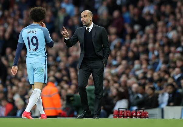 Manchester City Manager Pep Guardiola gives instructions to Leroy Sane of Manchester City during the English Premier League match at The Etihad Stadium, Manchester. Picture date: April 27th, 2016. Photo credit should read: Lynne Cameron Sportimage EDITORIAL USE ONLY. No use with unauthorised audio, video, data, fixture lists, club league logos or live services. Online in-match use limited to 120 images, no video emulation. No use in betting, games or single club league player publications.