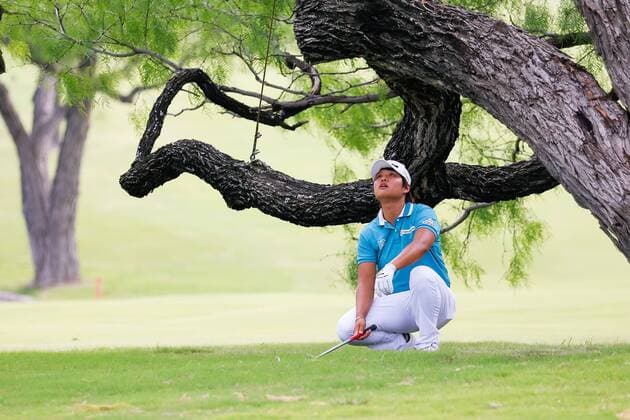 IRVING, TX - APRIL 28: Naru Nomura looks up at a tree that is interfering with her backswing on 18 during the second round of the LPGA Golf Damen Volunteers of America Texas Shootout on April 28, 2017 at Las Colinas Country Club in Irving, TX. (Photo by Andrew Dieb Icon Sportswire) GOLF: APR 28 LPGA - Volunteers of America Texas Shootout - Second Round Icon170428937 EDITORIAL USE ONLY