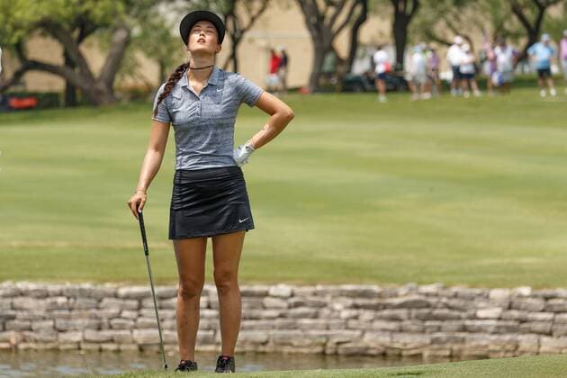 IRVING, TX - APRIL 28: Michelle Wie reacts after her chip on to the 18th green during the second round of the LPGA Golf Damen Volunteers of America Texas Shootout on April 28, 2017 at Las Colinas Country Club in Irving, TX. (Photo by Andrew Dieb Icon Sportswire) GOLF: APR 28 LPGA - Volunteers of America Texas Shootout - Second Round Icon170428388 EDITORIAL USE ONLY