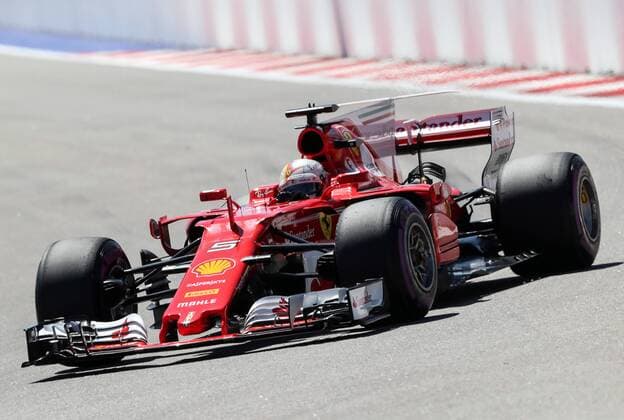 SOCHI, RUSSIA - APRIL 29, 2017: Scuderia Ferrari Formula One team driver Sebastian Vettel of Germany takes part in a practice session ahead of the 2017 Formula One Russian Grand Prix at the Sochi Autodrom racing circuit. Vyacheslav Prokofyev TASS  TS04A22C