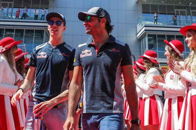 SOCHI, RUSSIA - APRIL 30, 2017: Toro Rosso F1 Team drivers Daniil Kvyat (L) of Russia and Carlos Sainz Jr. of Spain seen during a drivers track parade ahead of the 2017 Formula One Russian Grand Prix at the Sochi Autodrom racing circuit. Vyacheslav Prokofyev TASS  TS04A368