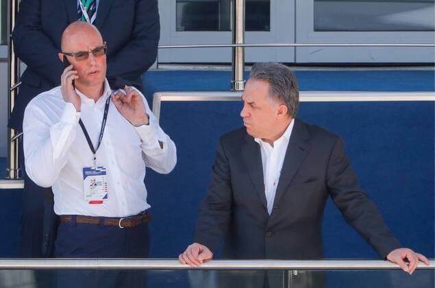 SOCHI, RUSSIA - APRIL 30, 2017: Kontinental Hockey League (KHL) President Dmitry Chernyshenko (L) and Russia s Deputy Prime Minister Vitaly Mutko watch the 2017 Formula One Russian Grand Prix at the Sochi Autodrom racing circuit. Mikhail Metzel TASS  TS04A372