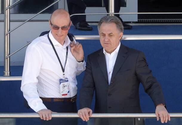 SOCHI, RUSSIA - APRIL 30, 2017: Kontinental Hockey League (KHL) President Dmitry Chernyshenko (L) and Russia s Deputy Prime Minister Vitaly Mutko watch the 2017 Formula One Russian Grand Prix at the Sochi Autodrom racing circuit. Mikhail Metzel TASS  TS04A377