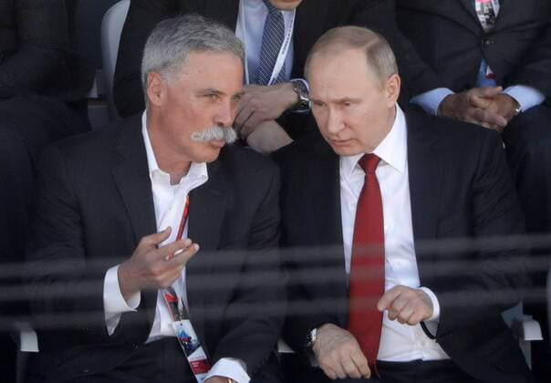 SOCHI, RUSSIA - APRIL 30, 2017: Formula One Group Executive Chairman Chase Carey (L) and Russia s President Vladimir Putin watch the 2017 Formula One Russian Grand Prix at the Sochi Autodrom racing circuit. Mikhail Metzel TASS  TS04A388