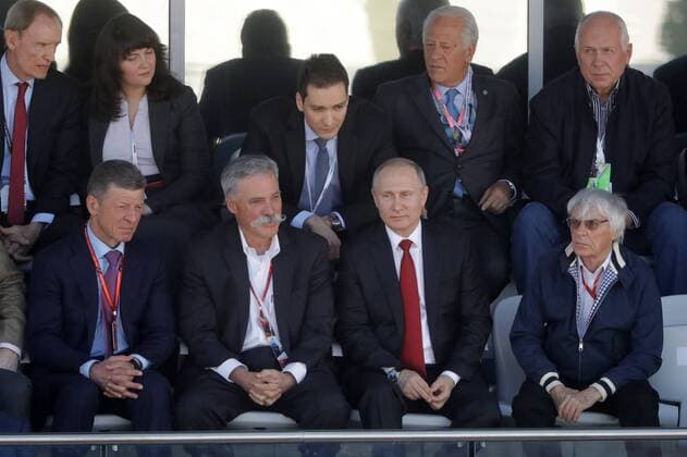 SOCHI, RUSSIA - APRIL 30, 2017: Russia s Deputy Prime Minister Dmitry Kozak, Formula One Group Executive Chairman Chase Carey, Russia s President Vladimir Putin, and Formula One Group Chairman Emeritus Bernard Charles Bernie Ecclestone, from left, watch the 2017 Formula One Russian Grand Prix at the Sochi Autodrom racing circuit. Mikhail Metzel TASS  TS04A38C