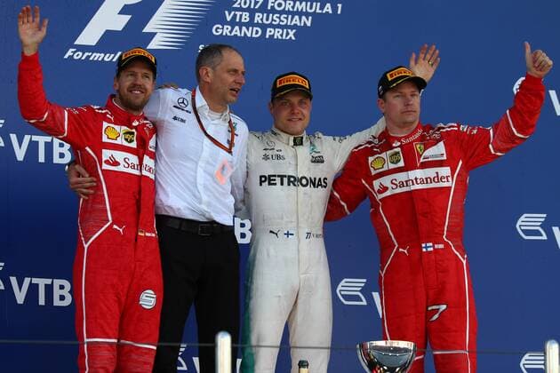 Russian Grand Prix, Sochi 27 - 30 April 2017 30.04.2017 - Race, 2nd place Sebastian Vettel (GER) Scuderia Ferrari SF70H, Valtteri Bottas (FIN) Mercedes AMG F1 W08 race winner and 3rd place Kimi Raikkonen (FIN) Scuderia Ferrari SF70H 