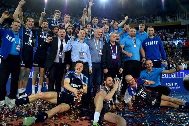 Volleyball, CL, Final Four, Zenit Kasan - Colussi Perugia celebration for the gold medal of Kazan players. Roma 29-04-2017 PalaLottomatica DHL 2017 CEV Volleyball Champions League, Final Four - Men Final - gold medal Zenit Kazan - Sir Sicoma Colussi Perugia Foto Antonietta Baldassarre Insidefoto AntoxBaldassarre