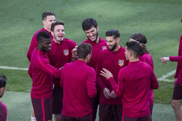 Saul Iniguez,Jose Maria Gimenez, Yannick Ferreira Carrasco Thomas Partey, Filipe Luis of Atletico de Madrid during the training before the match of Champions League between Real Madrid and Atletico de Madrid at Santiago Bernabeu Stadium in Madrid, Spain. May 01, 2017.  (20170501037)