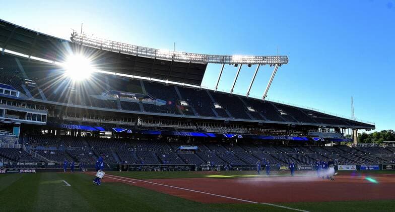 May 1, 2017 - Kansas City, MO, USA - After days of rain, the sun shines as the Kansas City Royals grounds crew prepares the field before a game against the Chicago White Sox on Monday, May 1, 2017 at Kauffman Stadium in Kansas City, Mo. Chicago White Sox vs. Kansas City Royals - ZUMAm67_ 20170501_zaf_m67_032 Copyright: xJohnxSleezerx