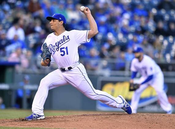 May 1, 2017 - Kansas City, MO, USA - Kansas City Royals starting pitcher Jason Vargas throws in the third inning against the Chicago White Sox on Monday, May 1, 2017 at Kauffman Stadium in Kansas City, Mo. Chicago White Sox vs. Kansas City Royals - ZUMAm67_ 20170501_zaf_m67_038 Copyright: xJohnxSleezerx
