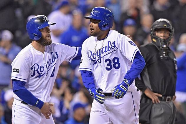 May 1, 2017 - Kansas City, MO, USA - Kansas City Royals Jorge Bonifacio is congratulated by Alex Gordon after his two-run home run in the fourth inning against the Chicago White Sox on Monday, May 1, 2017 at Kauffman Stadium in Kansas City, Mo. Chicago White Sox vs. Kansas City Royals - ZUMAm67_ 20170501_zaf_m67_052 Copyright: xJohnxSleezerx