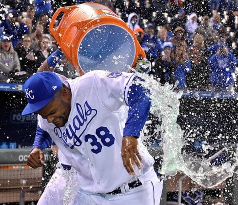 May 1, 2017 - Kansas City, MO, USA - Kansas City Royals Jorge Bonifacio receives the Salvy Splash from Salvador Perez after the team s 6-1 win over the Chicago White Sox on Monday, May 1, 2017 at Kauffman Stadium in Kansas City, Mo. Chicago White Sox vs. Kansas City Royals - ZUMAm67_ 20170501_zaf_m67_088 Copyright: xJohnxSleezerx