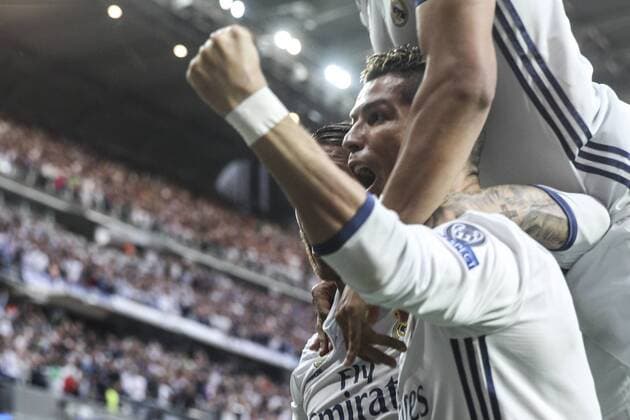 Cristiano Ronaldo of Real Madrid celebrates after scoring a goal during the match of Champions League between Real Madrid and Atletico de Madrid at Santiago Bernabeu Stadium in Madrid, Spain. May 02, 2017.  (20170502011)