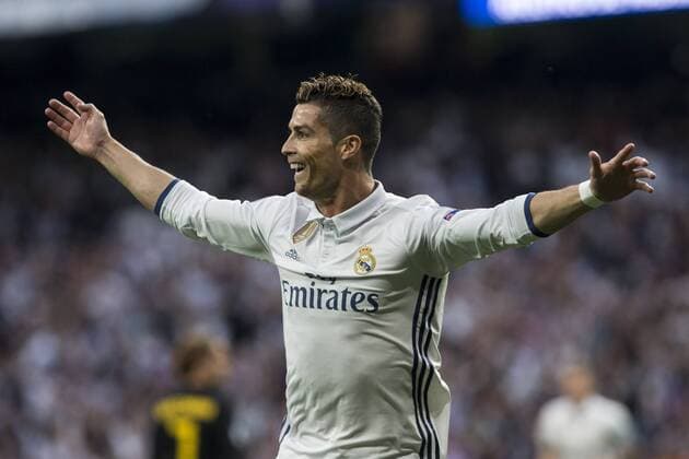 Cristiano Ronaldo of Real Madrid celebrates after scoring a goal during the match of Champions League between Real Madrid and Atletico de Madrid at Santiago Bernabeu Stadium in Madrid, Spain. May 02, 2017.  (20170502004)