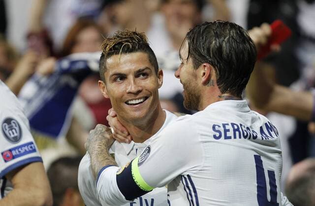 Soccer match between Real Madrid and Atletico de Madrid of first round of semifinals of the Champions League 2016 2017, held at the Santiago Bernabeu stadium, in Madrid, May 2, 2017. (Photo: J. Luis Cuesta 261 Cordon Press). Cristiano Ronaldo celebrates after scoring with others players  xJosexLuisxCuestax xx