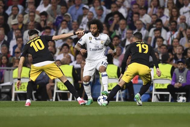 Partido de ida de semifinales de la Liga de Campeones entre el Real Madrid y el Atletico en el Bernabeu. En la imagen, Marcelo. First leg of Champions League semifinals between Real Madrid and Atletico. In this picture, Marcelo. xJUANxAGUADOx 