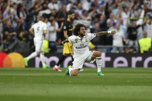Partido de ida de semifinales de la Liga de Campeones entre el Real Madrid y el Atletico en el Bernabeu. En la imagen, Marcelo celebra el gol. First leg of Champions League semifinals between Real Madrid and Atletico. In this picture, Marcelo celebrates the goal. xJUANxAGUADOx 