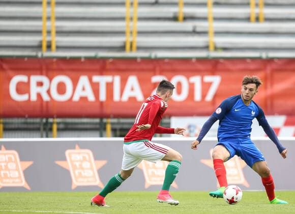 Football Championship U17 U 17 HUN-FRA - Zagreb, Croatia 03.05.2017., Velika Gorica, Croatia - European Football Championship U17, Group B, Hungary - France. Kevin Csoboth, Amine Gouri.  IgorxSoban PIXSELL